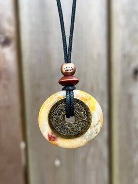 Crazy Lace Agate Lucky Coin Pendant Necklace Yellow | Handmade